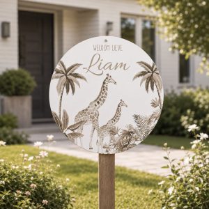 Geboortebord rond vintage taupe giraffe