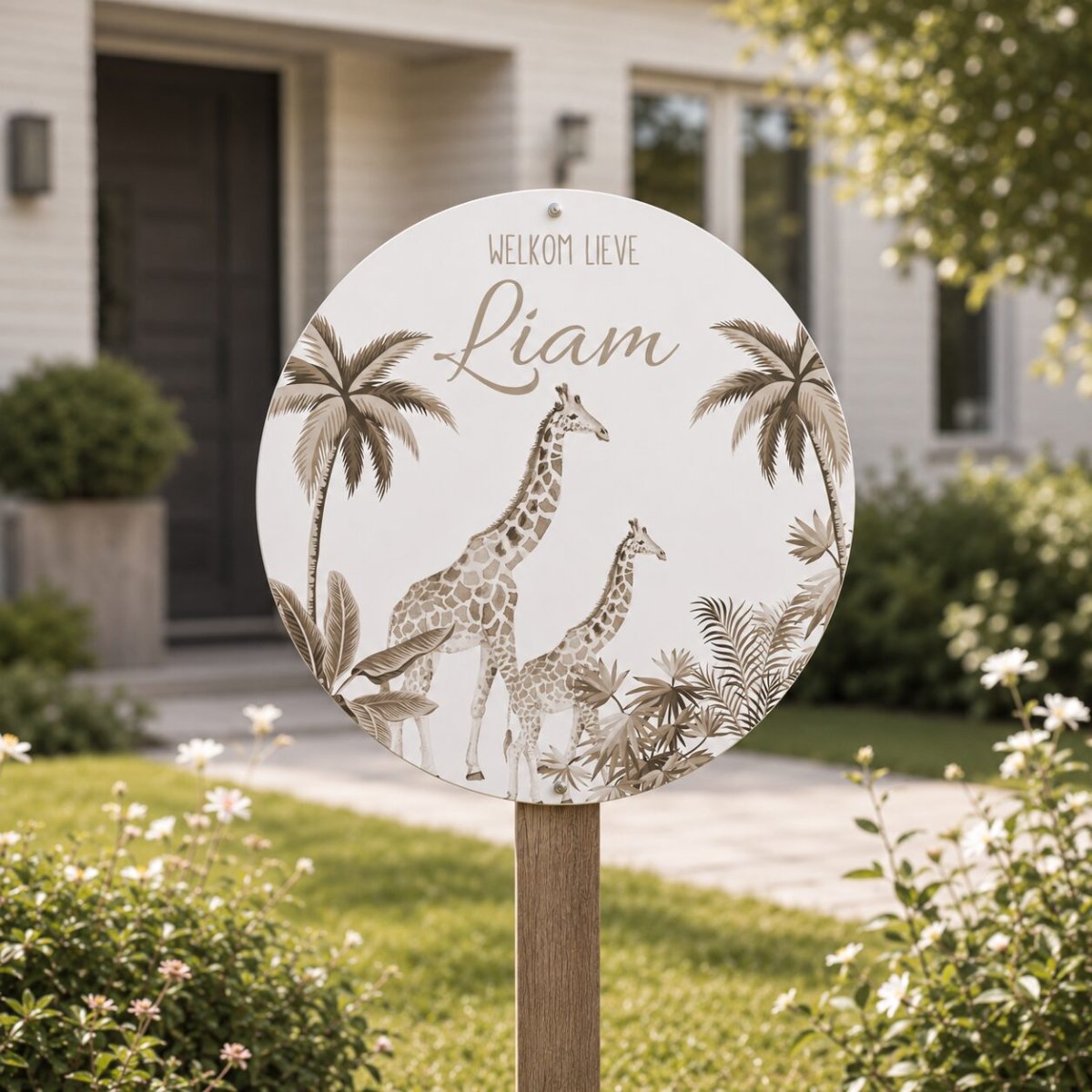 Geboortebord rond vintage taupe giraffe